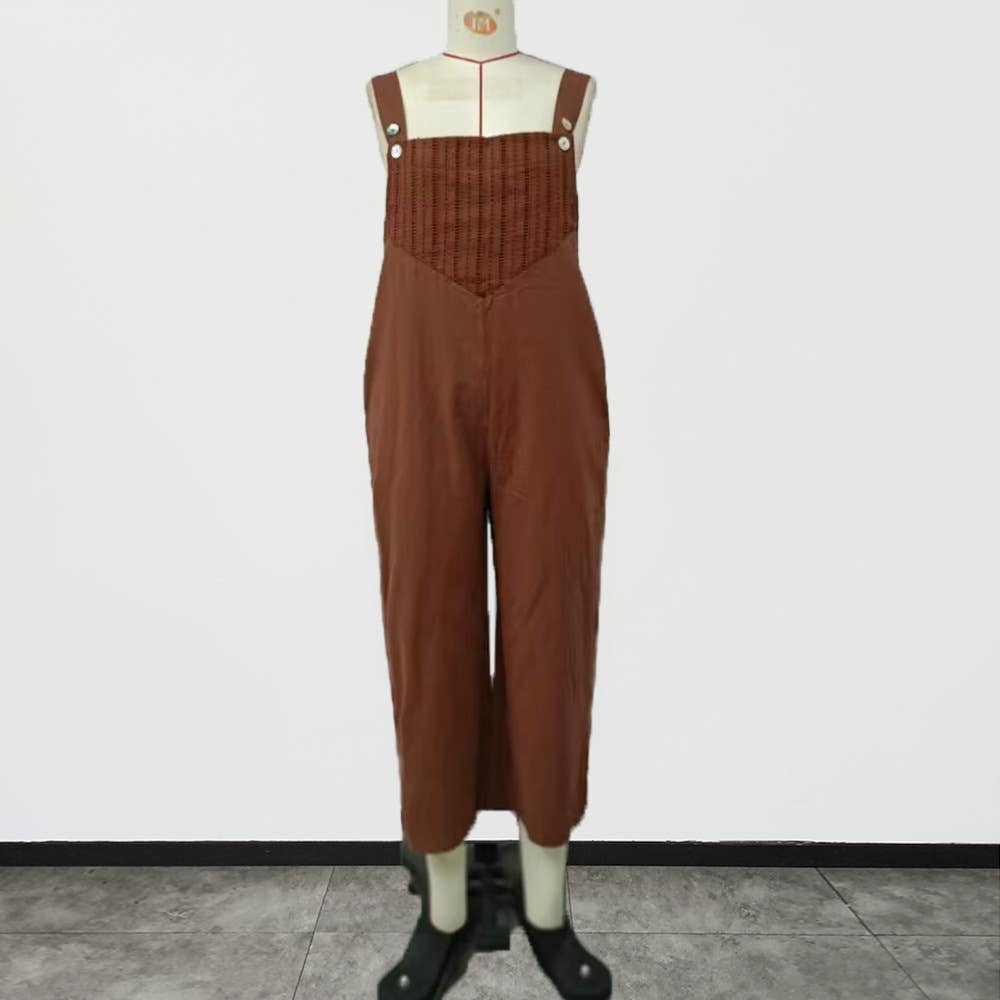 Solid color casual nine-minute wide-leg overalls
