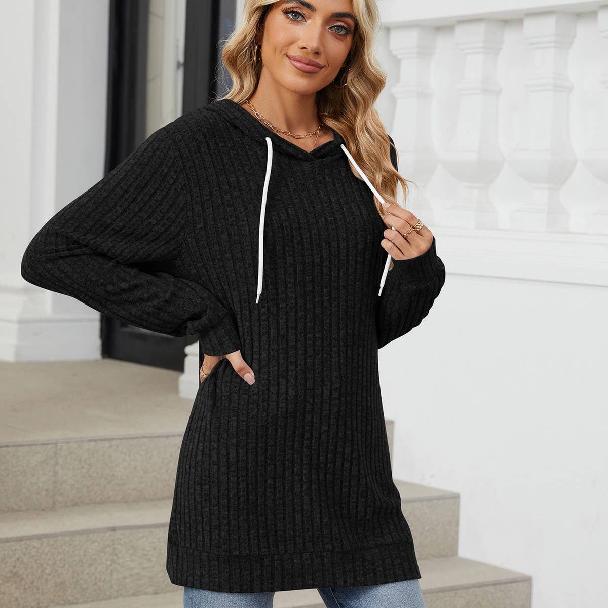 Hooded drawstring casual long-sleeved hoodie