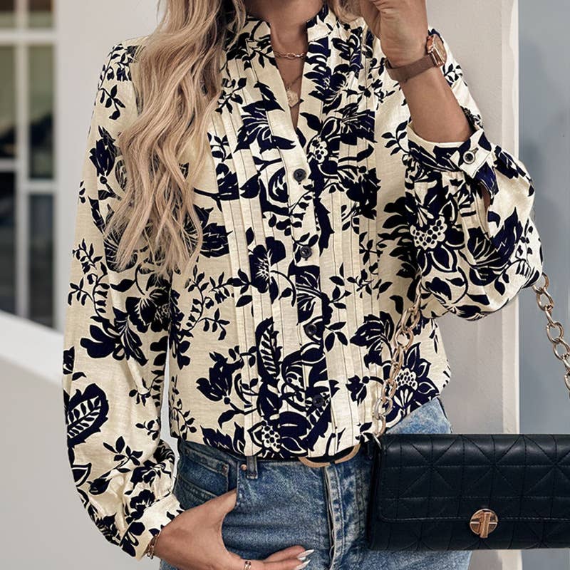 VINTAGE PRINTED STAND COLLAR STYLE ELEGANT SHIRT