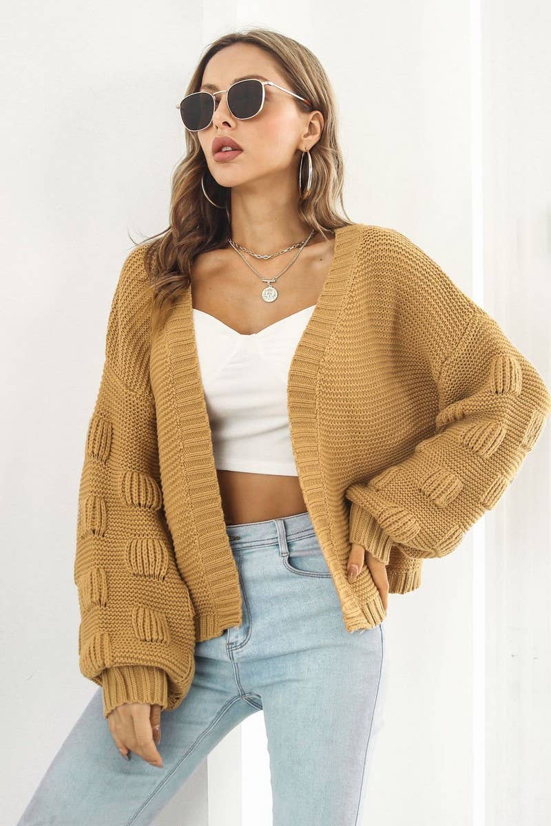 CWOCAL1191_3D LANTERN SLEEVE KNITTED CARDIGAN SWEATER