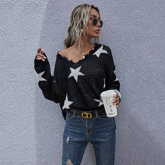 V-neck star jacquard fringed knitted sweater