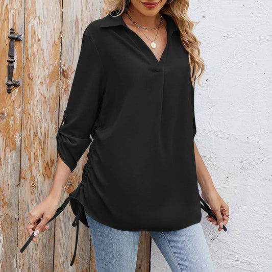 Solid color lapel loose mid-sleeved chiffon shirt