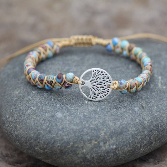 TREE SHAPED PENDANT NATURAL STONE WOVEN BRACELET