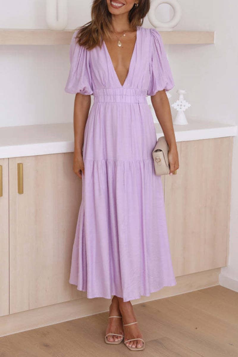 CWDMD1911_WOMEN'S SEXY DEEP V MID-SLEEVE LONG DRESS