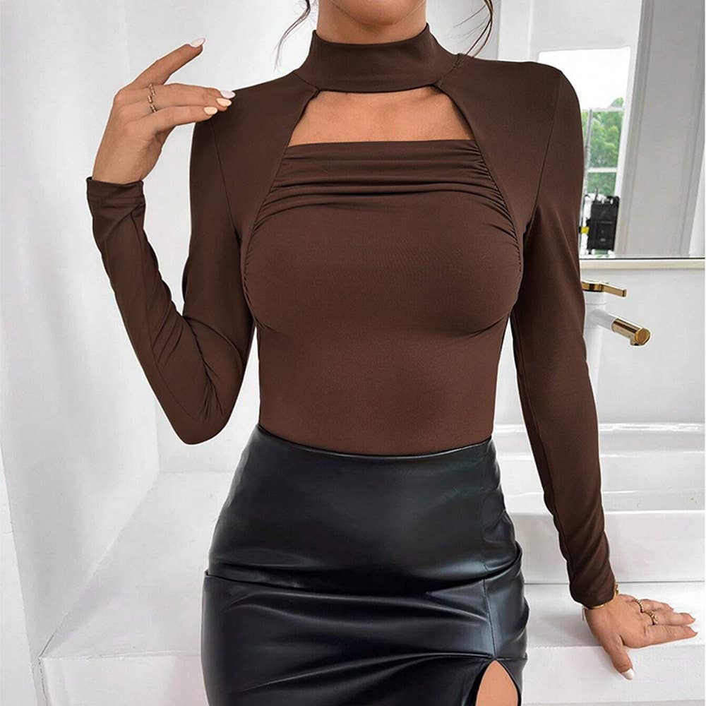 SEXY HOLLOW BASE SOLID COLOR LONG SLEEVE T-SHIRT