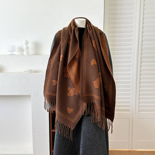 CWASC03140_REVERSIBLE HEART BEAR SCARF WINTER WARM SHAWL