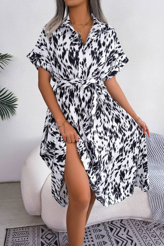 CWDMD2628_CASUAL LOOSE LEOPARD PRINT LACE-UP SHIRT DRESS