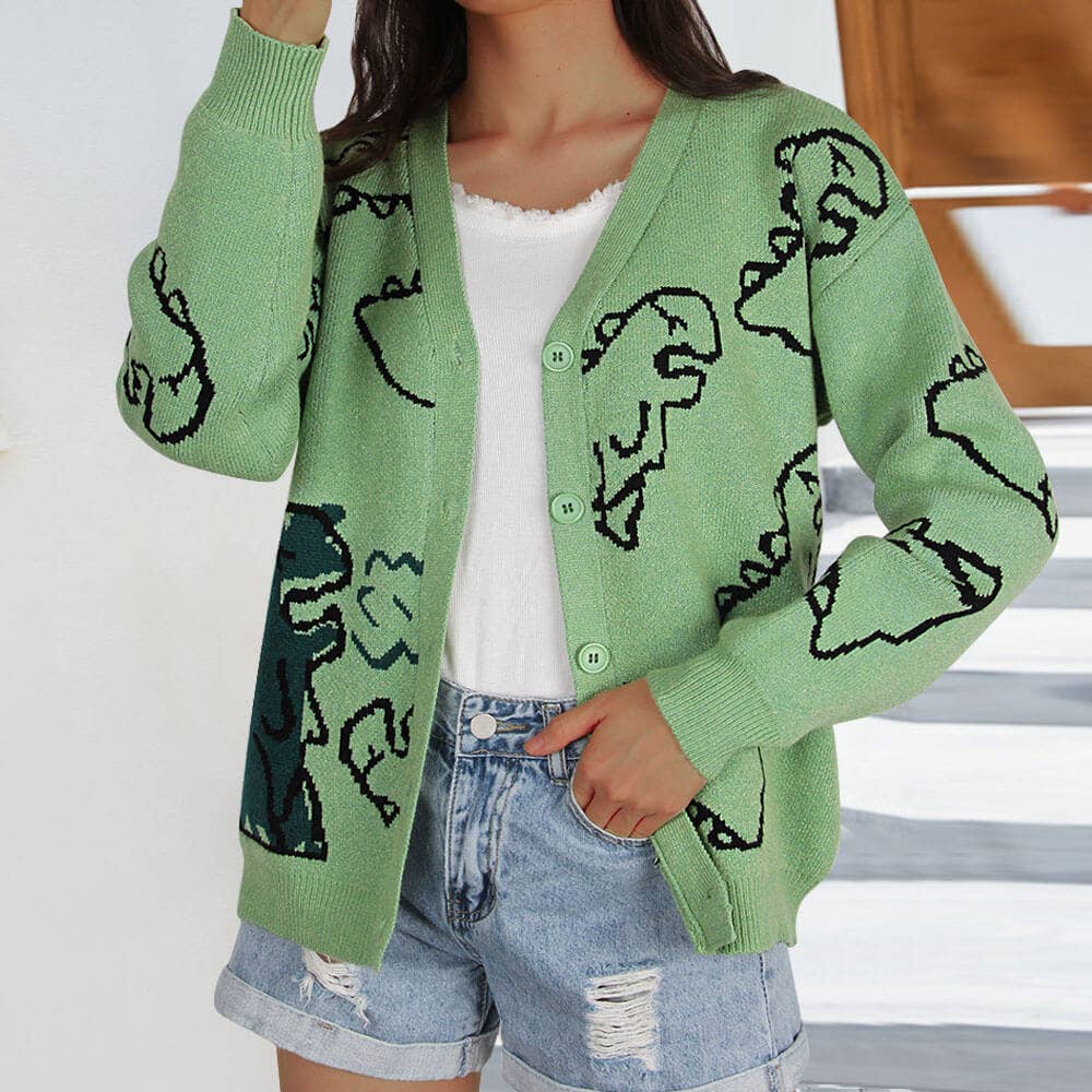 KNIT COAT LOOSE CARTOON DINOSAUR CARDIGAN