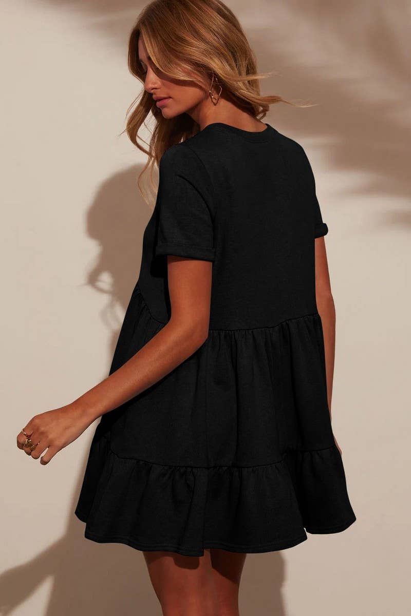 CWDSD7268_ROUND NECK POCKET SHORT SLEEVE PLEATED DRESS