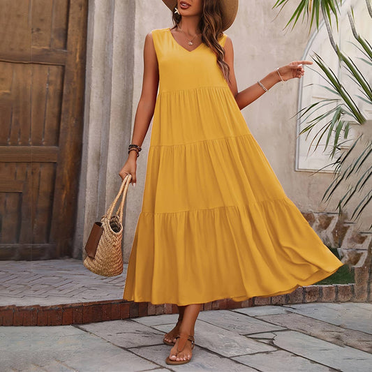 V-NECK TIERED PATCHWORK HEM LOOSE DRESS