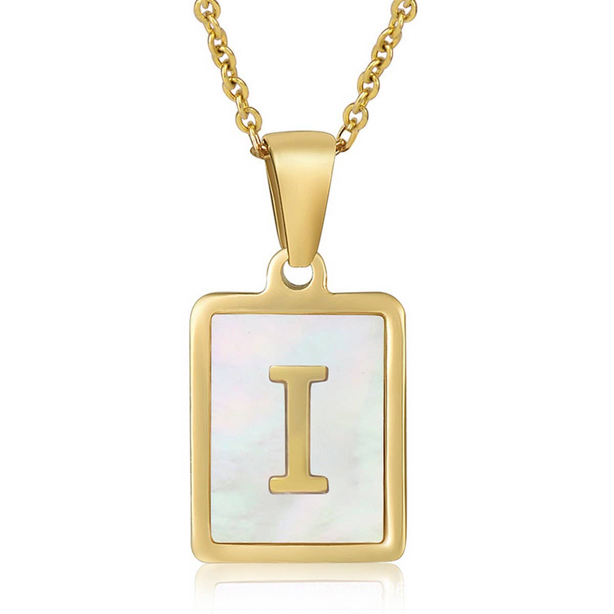 CWAJE1917_Square Stainless Steel White Shell Letter Necklace