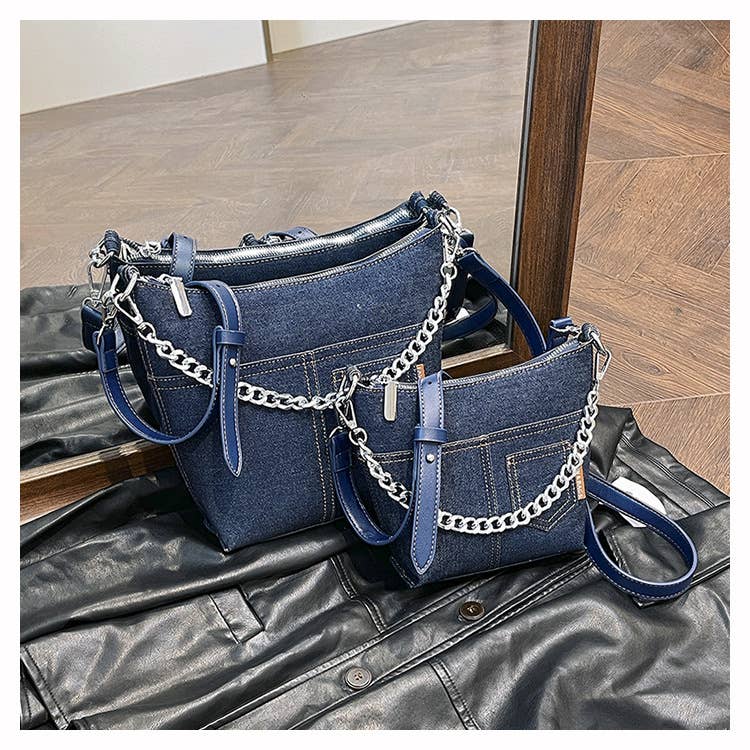 Retro patchwork denim large-capacity bag