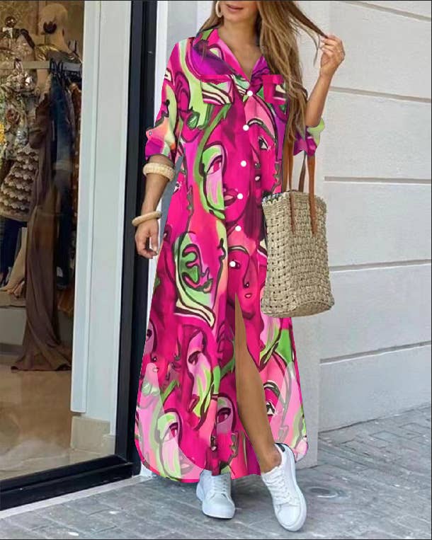 FASHION LONG-SLEEVED PRINTED SHIRTDRESS