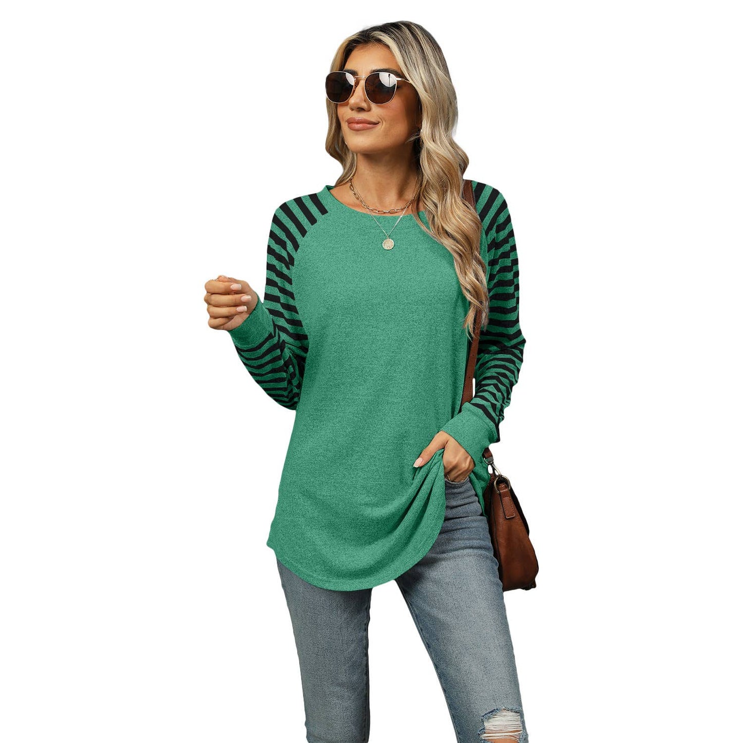 STRIPED PATCHWORK CREW NECK LONG SLEEVE T-SHIRT