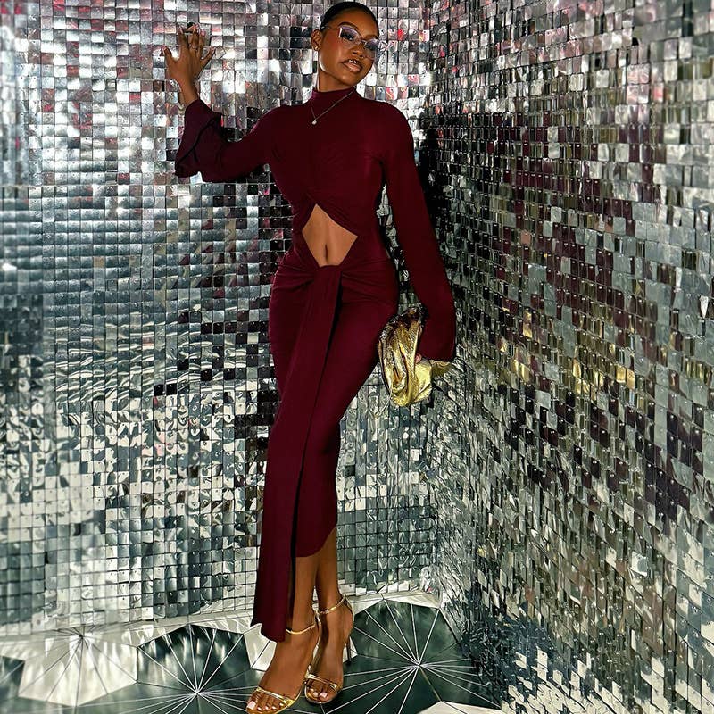 SEXY CUTOUT DRESS WITH LONG SLEEVES AND HIGH NECK