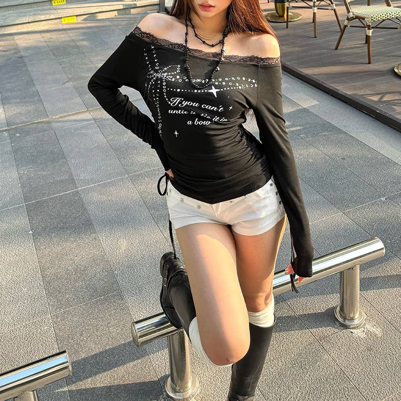 FASHION LACE LETTER-PRINTED LONG SLEEVE TOP