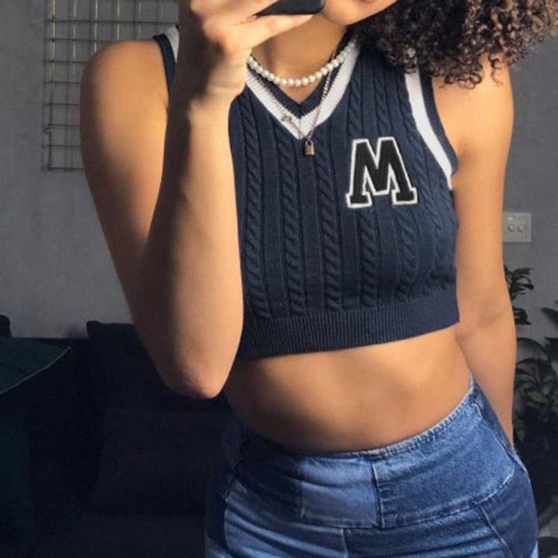 SLEEVELESS LETTER COLOR PATCHWORK V-NECK VEST