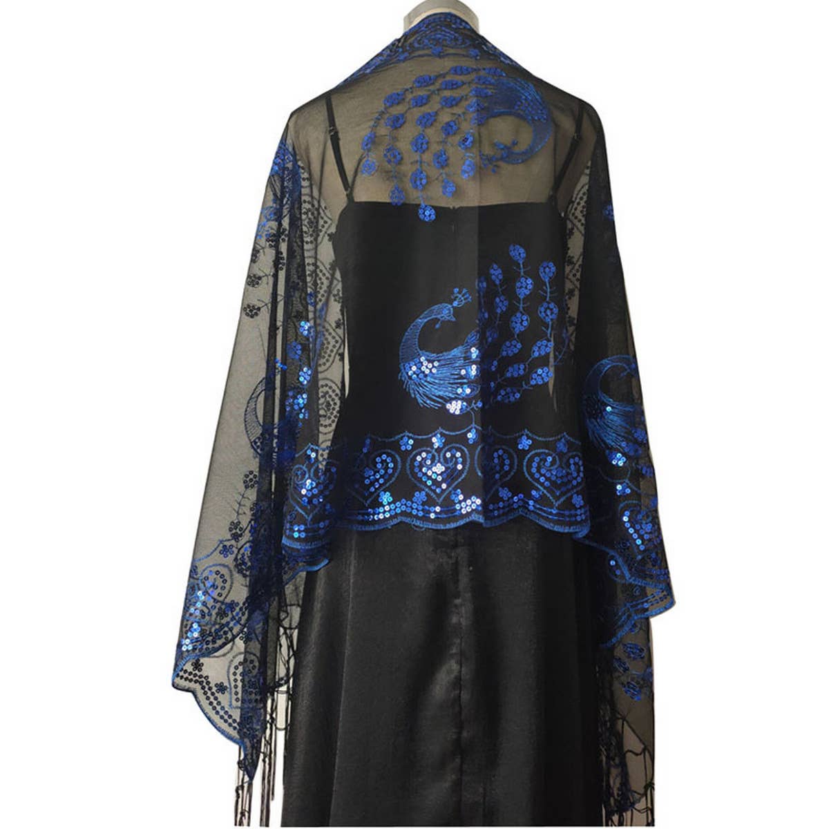 PEACOCK EMBROIDERED SEQUINED TASSEL CAPE_CWASC1077