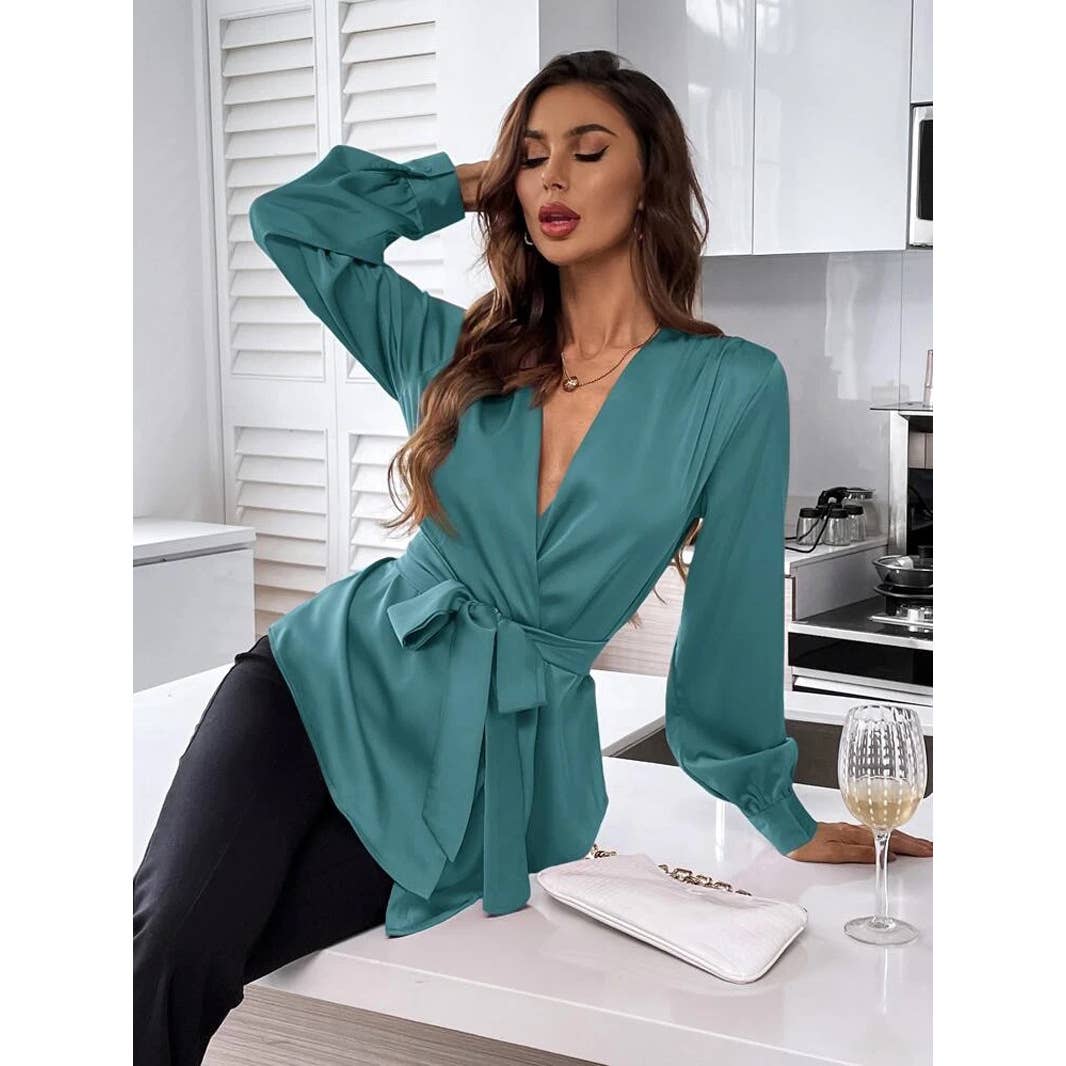 V-NECK SOLID COLOR BELTED ASYMMETRICAL HEM SHIRT
