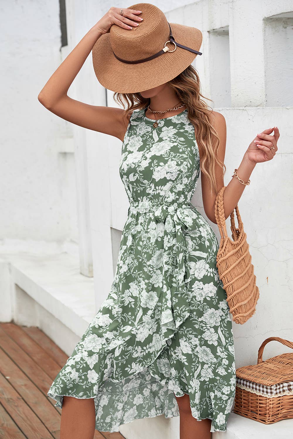 Ruffled LACES cinched waist long halter dress