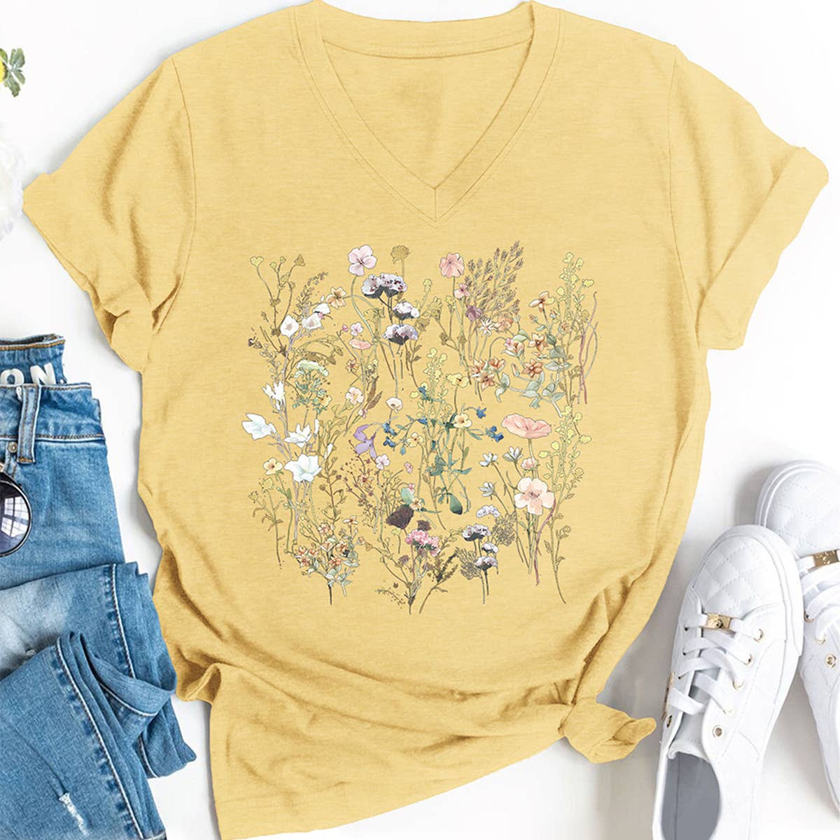 Floral V-Neck Graphic Tee for Women, Loose Fit