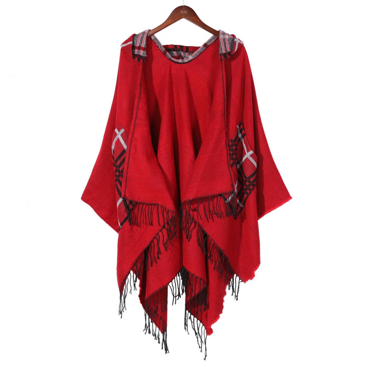 WOMEN HOODED TASSEL SPLIT SHAWL WRAPPED CLOAK