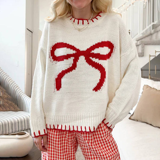 Laid-back style knitted bow jacquard sweater