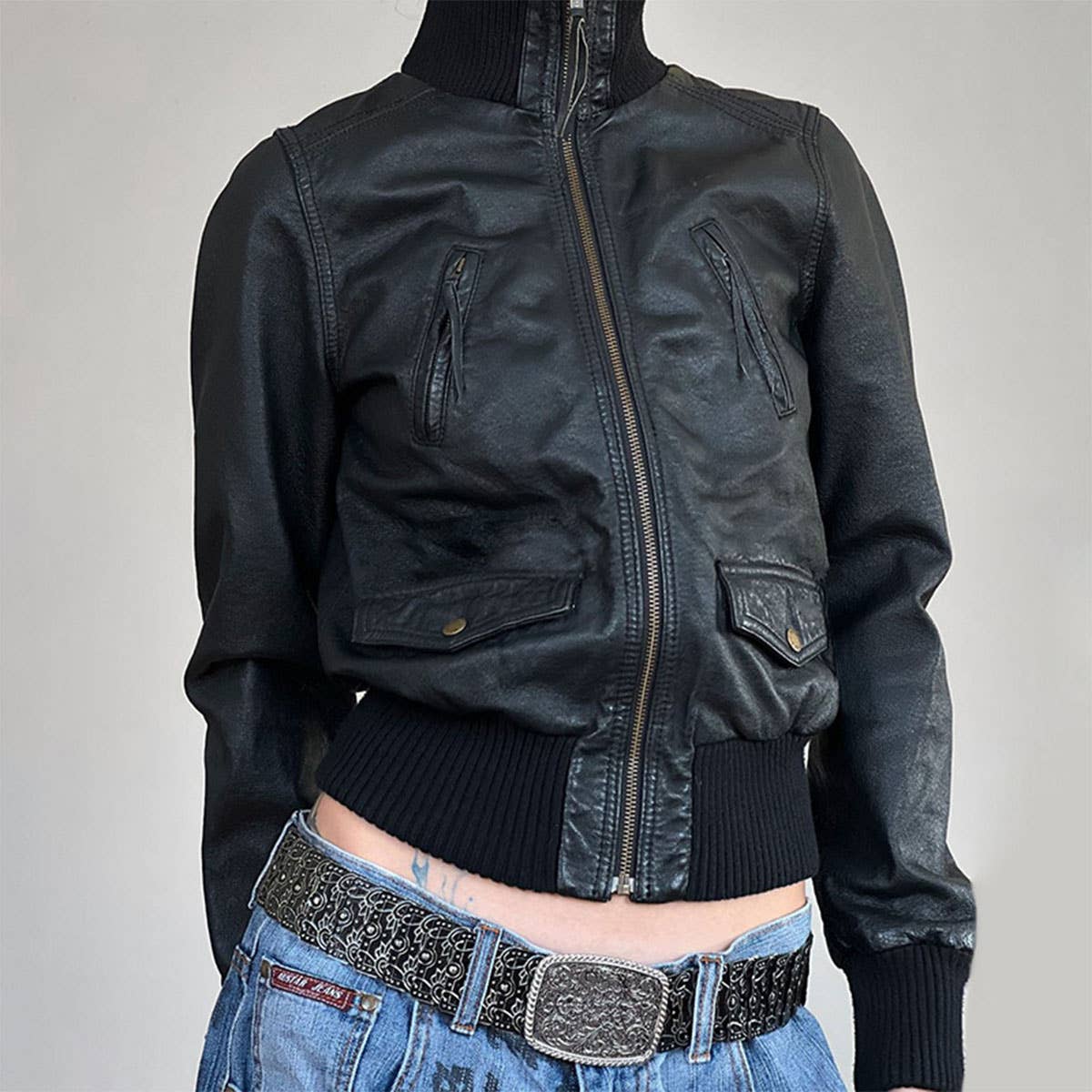 TOOLING PU LEATHER SPLICING RIBBED WAIST CARDIGAN