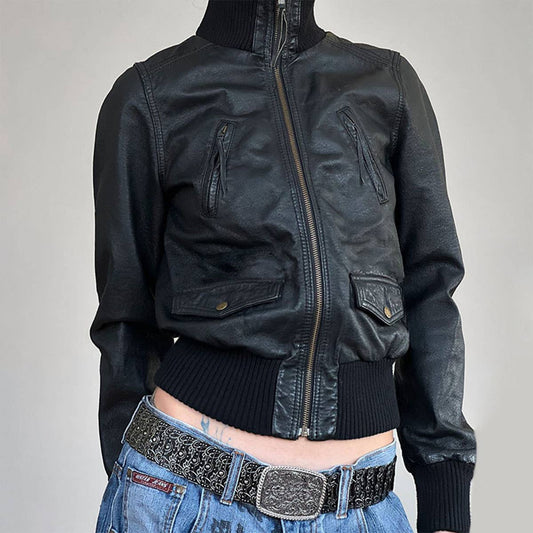 TOOLING PU LEATHER SPLICING RIBBED WAIST CARDIGAN