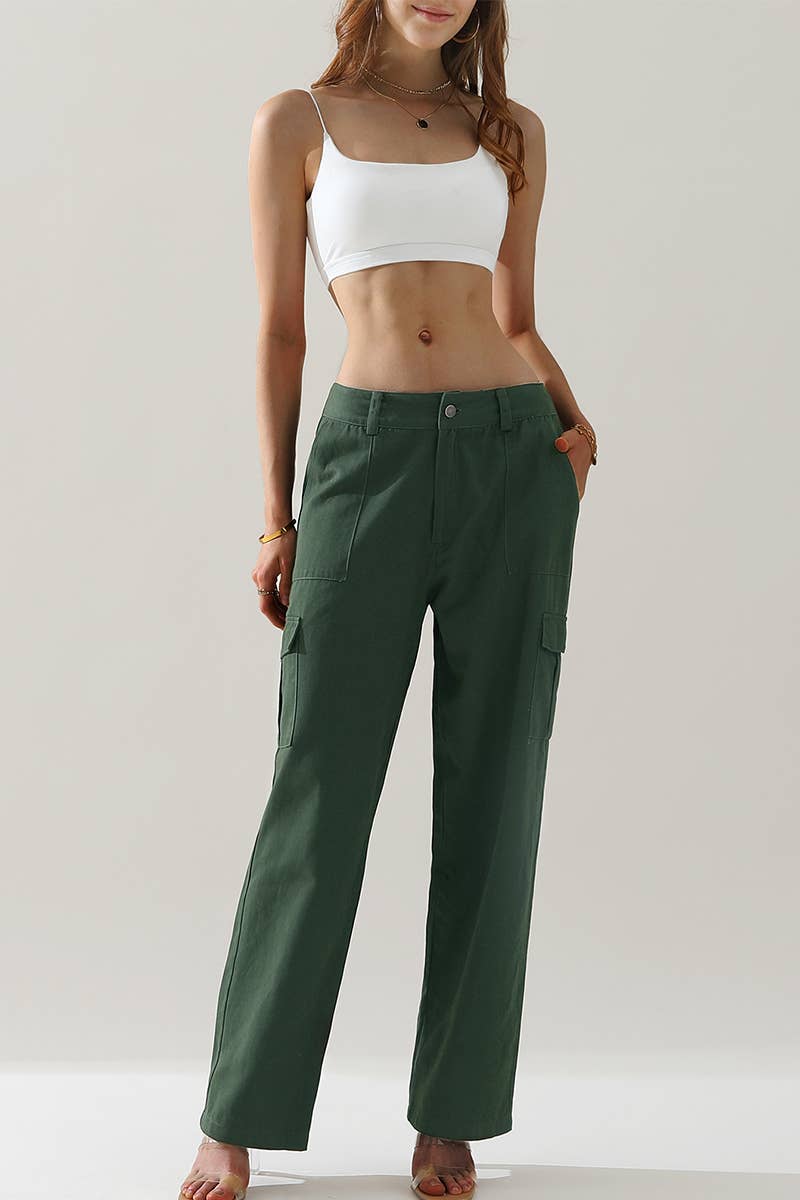 CWBLP421_Cargo Cotton Pants Wide Leg Casual Pants 4 Pockets