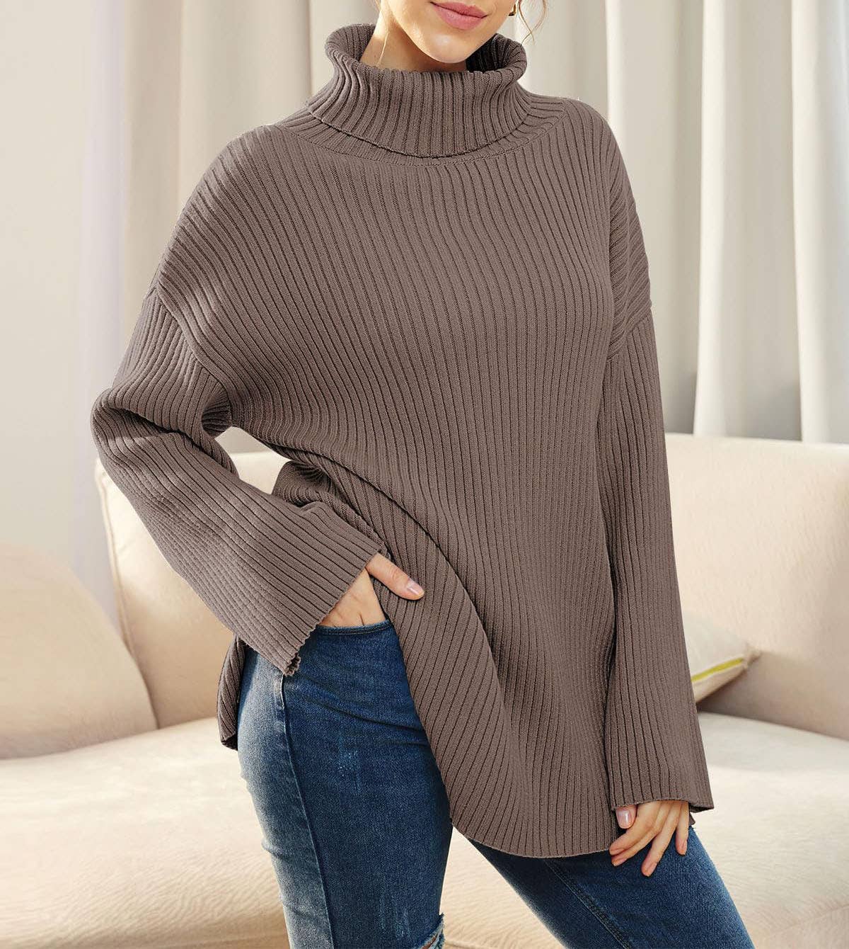 SPLIT TURTLENECK SOLID COLOR RIB KNIT SWEATER