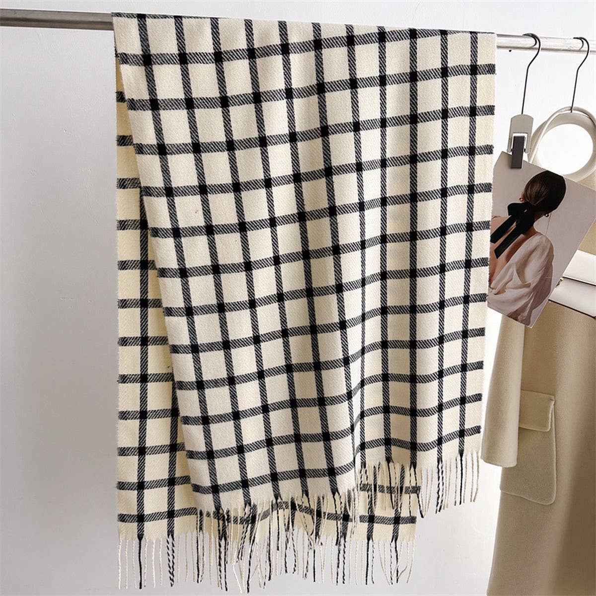 Warm Plaid Wrap Scarf with Soft Fringe Trim
