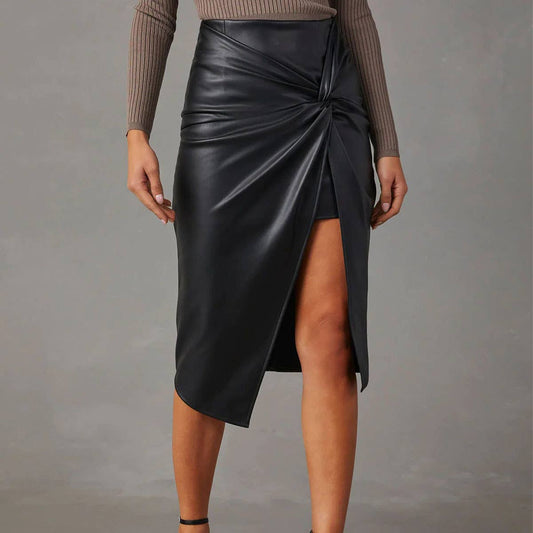 Split mid-length sexy hottie hip leather skirt