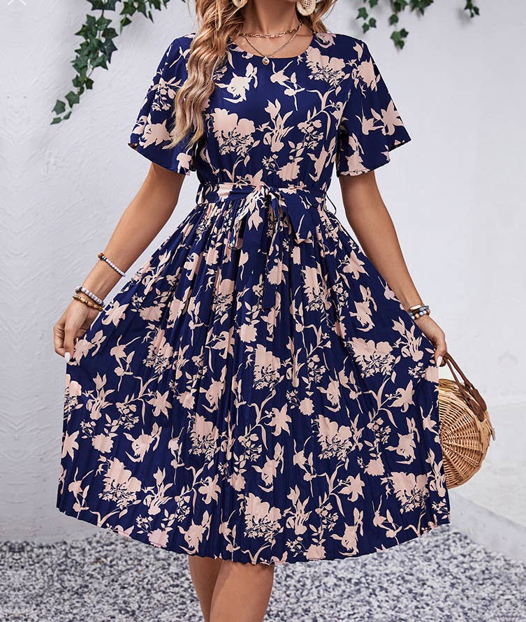 SUMMER CREW-NECK SHORT-SLEEVED PRINTED DRESS