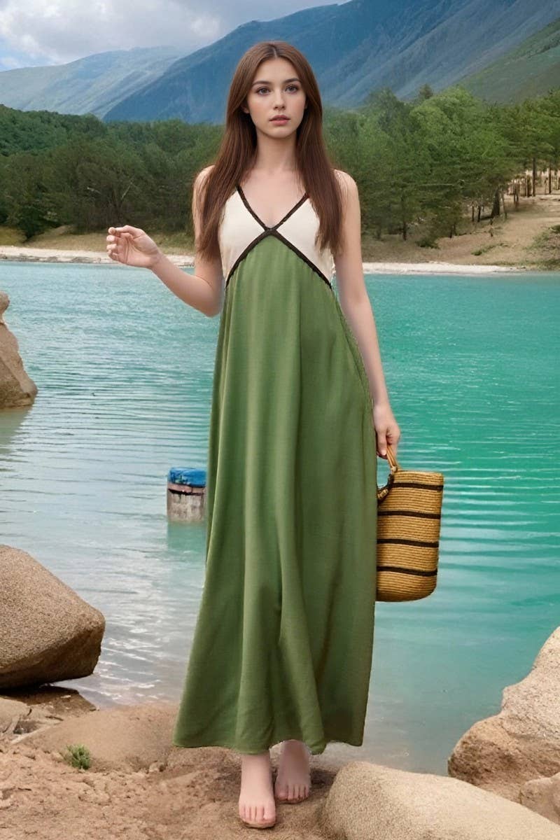 CWDMD6399_COLORBLOCK V-NECK BACKLESS MAXI STRAP DRESS