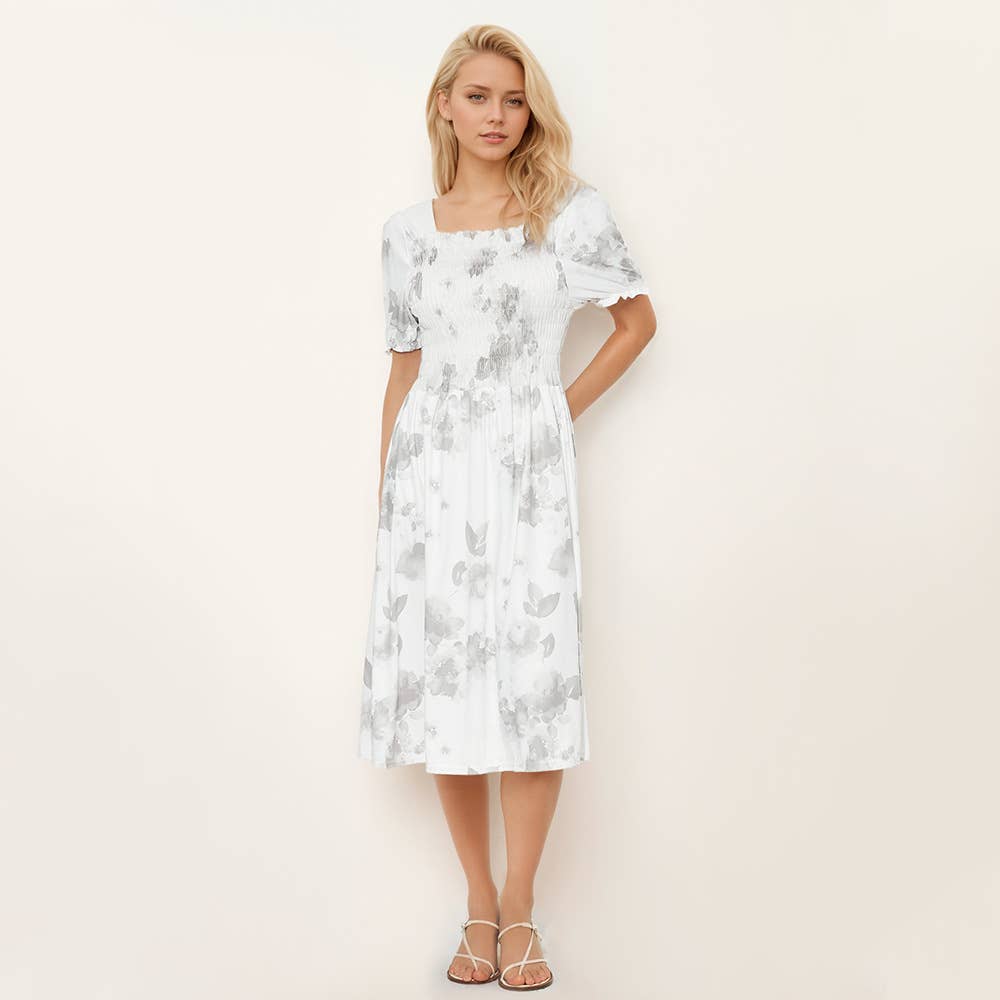 PRINTED DRESS WITH SQUARE COLLAR PUFFED SLEEVES