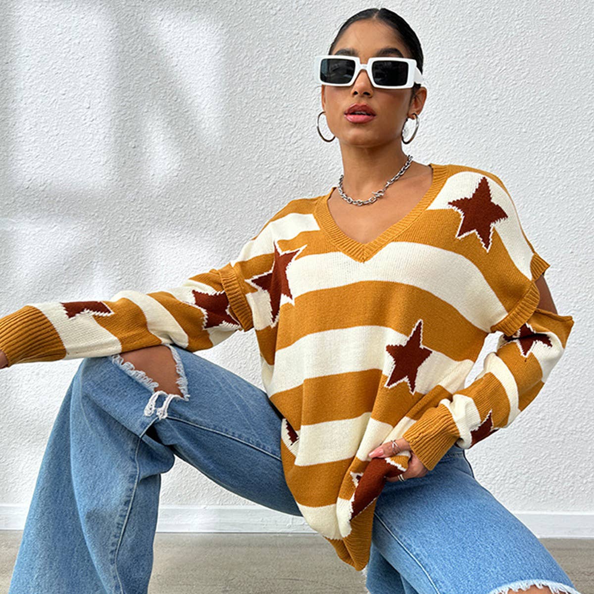 V-NECK PATCHWORK LONG SLEEVE STRIPED SWEATER
