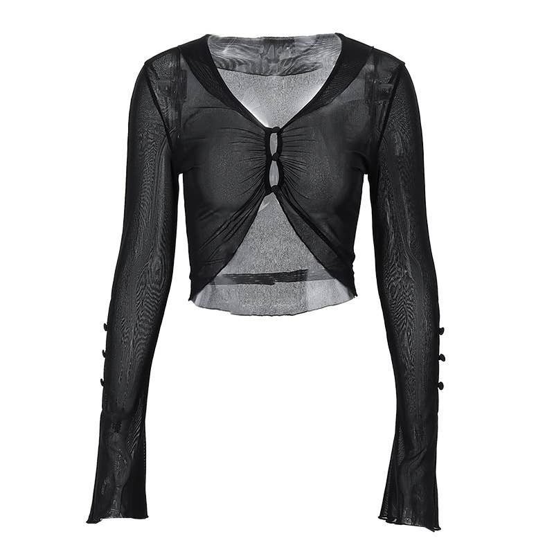 See-through mesh fitted long-sleeved top