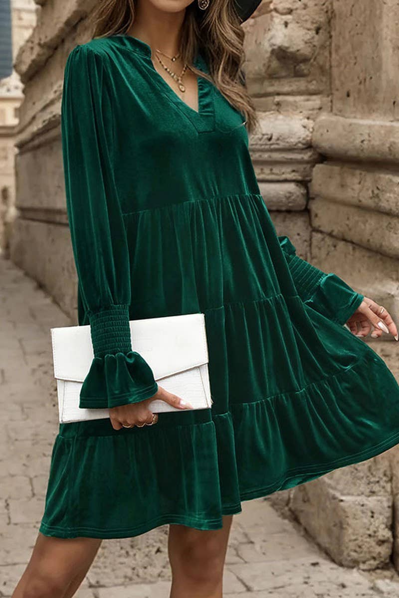 LONG SLEEVE SOLID COLOR VELVET DRESS_CWDSD2418