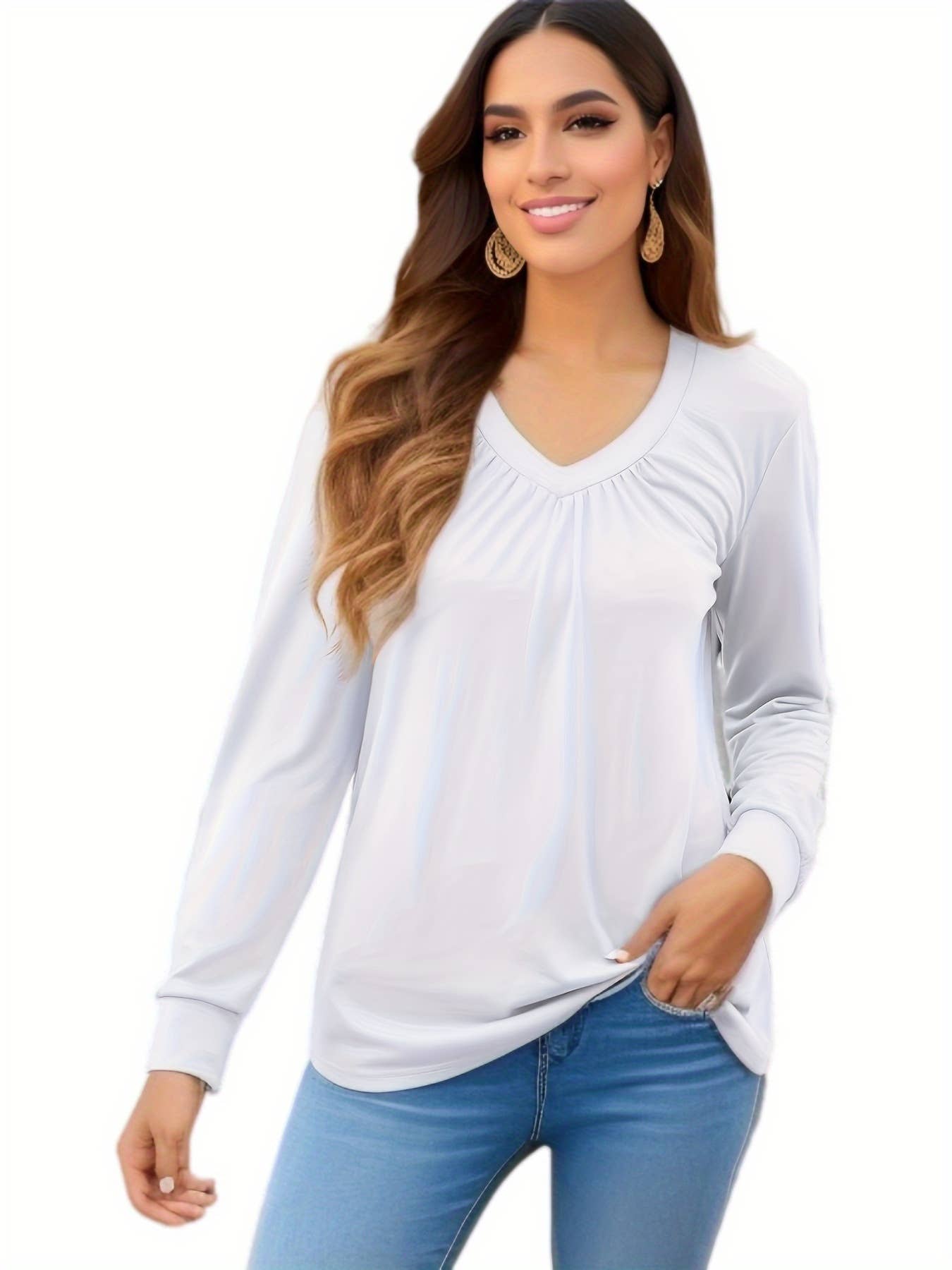 SOLID COLOR PLEATED V-NECK LOOSE T-SHIRT
