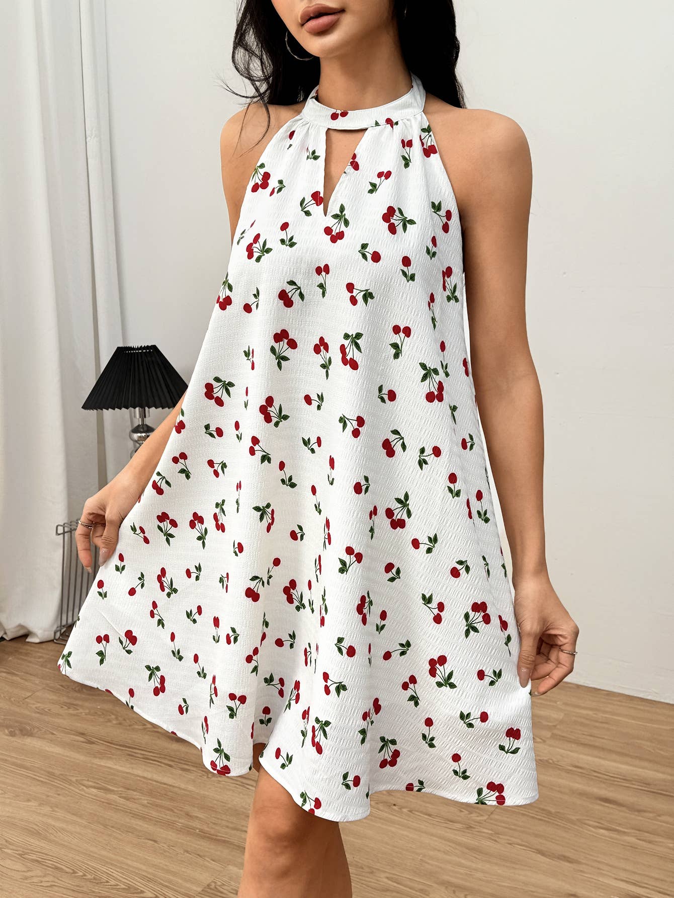 Sweet gentle wind backless cherry floral dress