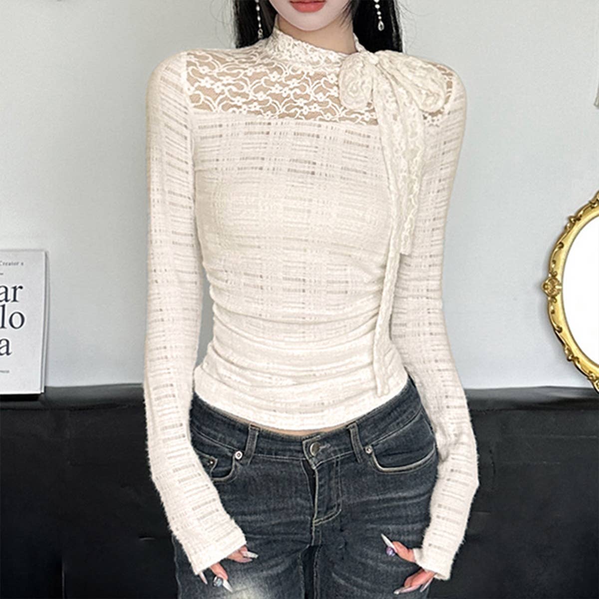 SOLID COLOR BOW AND LACE PULLOVER HALF-NECK TOP