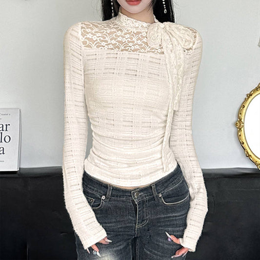 SOLID COLOR BOW AND LACE PULLOVER HALF-NECK TOP