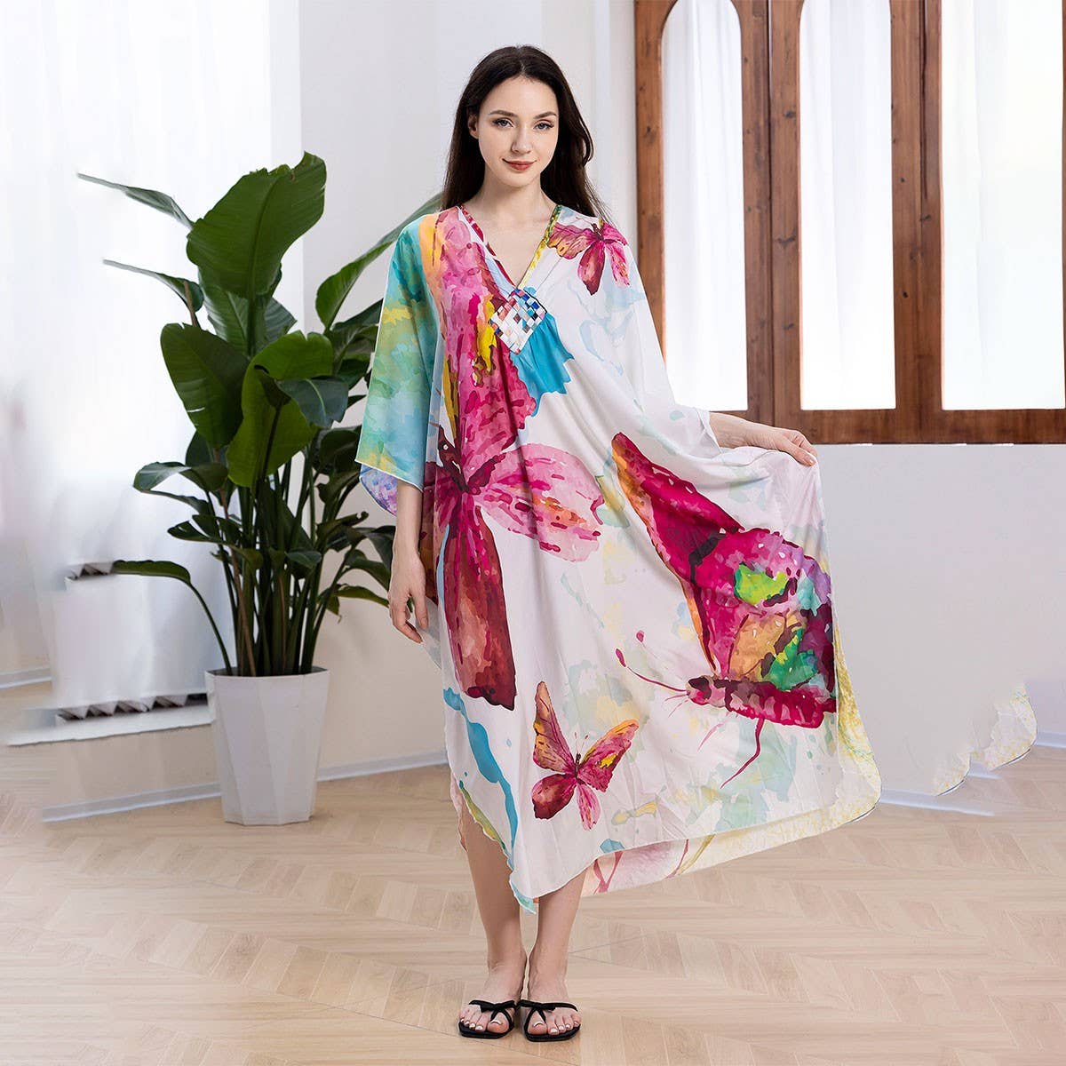 Plus Size Butterfly Print Beach Cover-Up Dress_CWMM6199