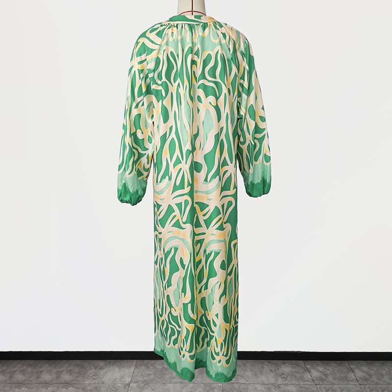 PULLOVER V-NECK PRINT LONG DRESS WITH BIG SWING