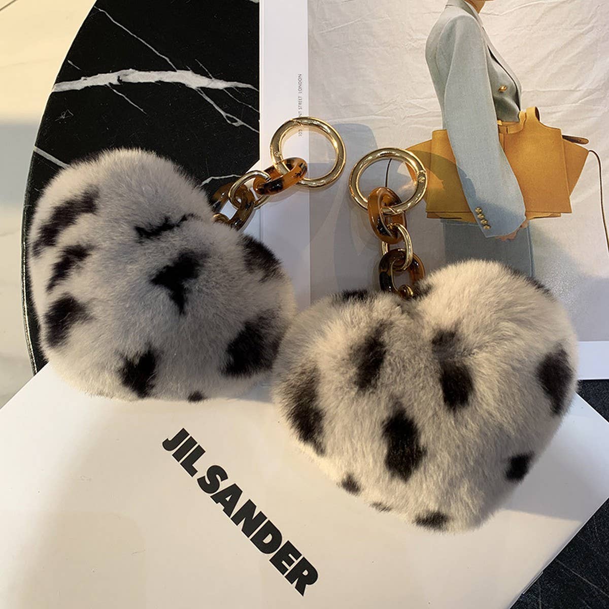 LEOPARD PRINT FUR BALL HEART SHAPE BAG KEYCHAIN