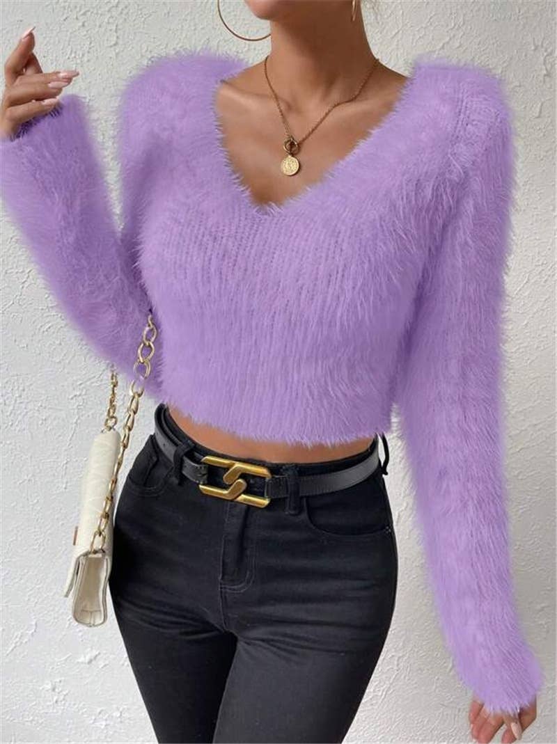Solid-color V-neck fitted plush short sweater