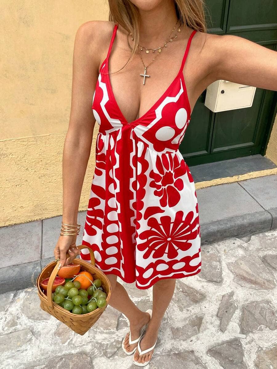 V-neck high-waisted printed halter dress