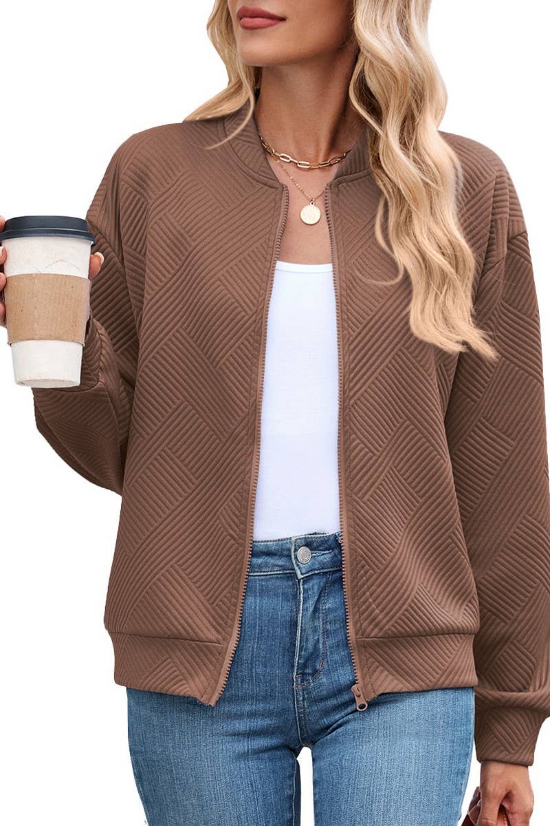 CWOCO00238_SOLID ZIP UP LONG SLEEVE CASUAL BOMBER JACKET