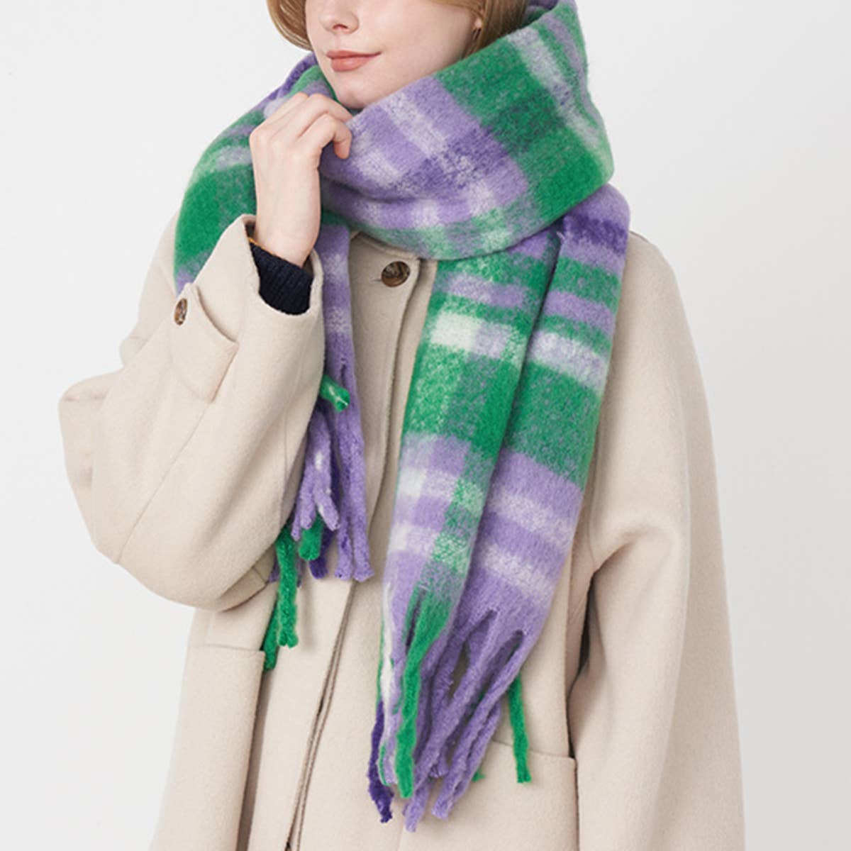 French Retro Plaid Scarf - Winter Tassel Wrap
